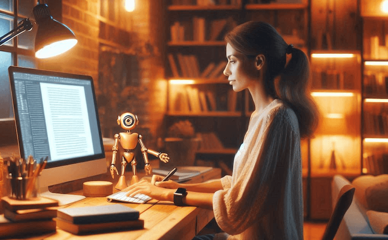 Woman using AI writing tools.