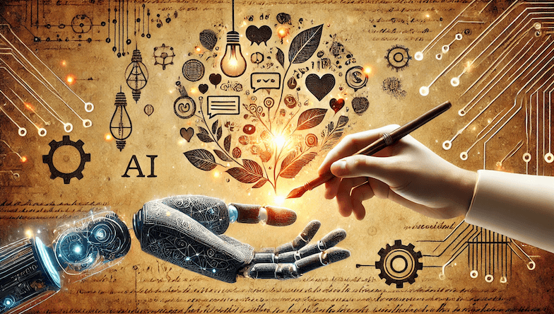 Human and robotic hands holding a quill, symbolizing AI and human collaboration in content creation.
