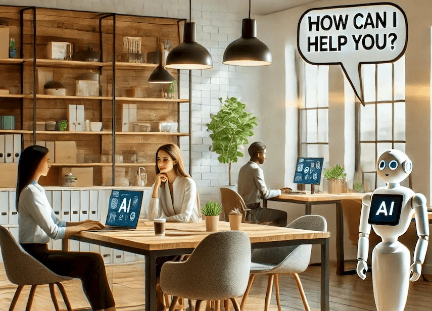 AI collaborating with people in a small business using AI writing tools.