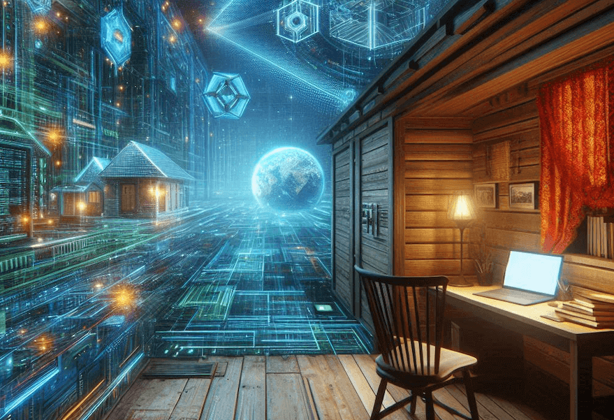 Futuristic data center with AI algorithms vs. traditional cozy writer’s cabin.