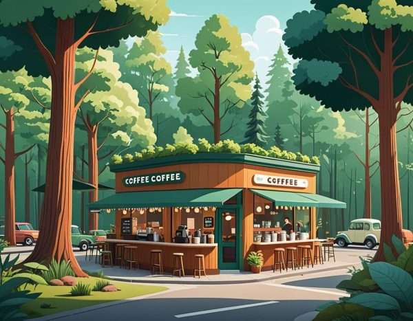 Cartoonish picture of coffee shop in forest.
