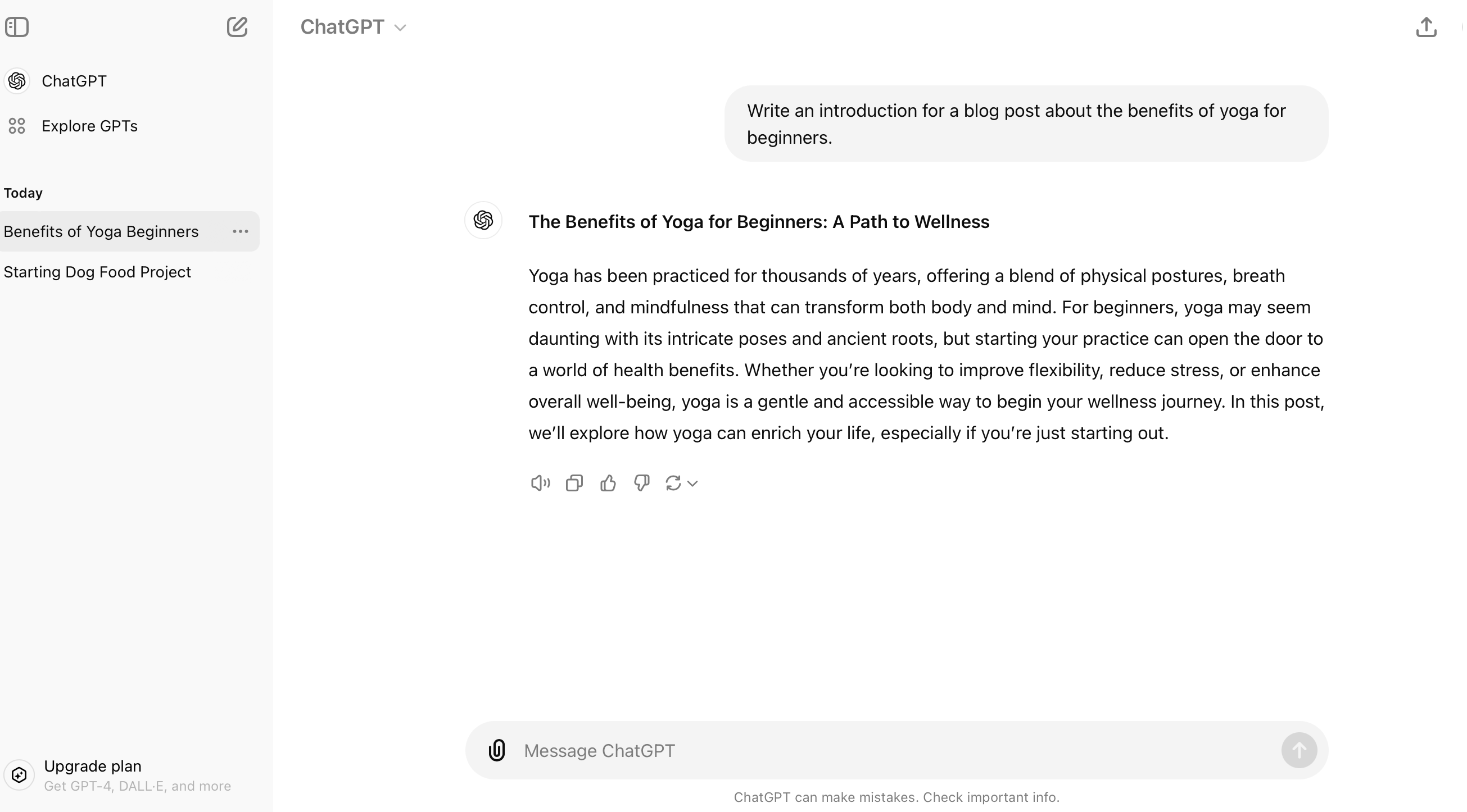 Crafting a prompt for ChatGPT on yoga.