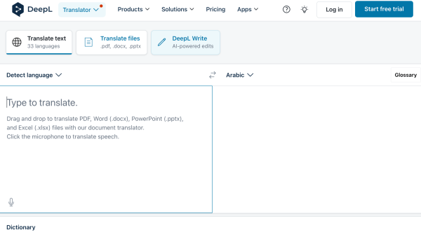 DeepL translation tool with text input and translated output.