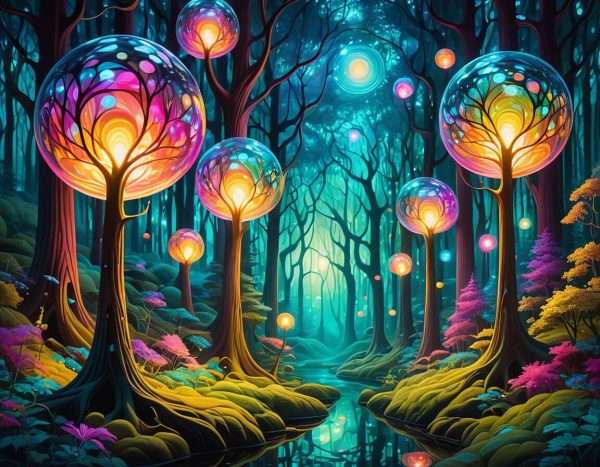 A surreal fantasy forest created using Deep Dream Forest.