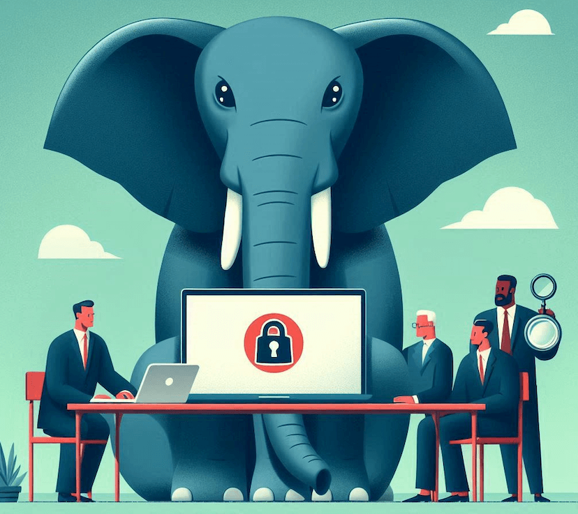 Cartoon elephant in a room with a computer, symbolizing privacy concerns.