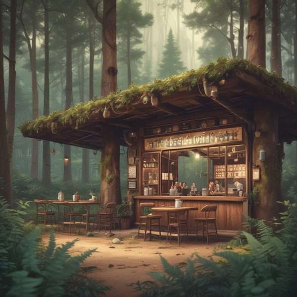 Image of a coffeeshop in a forest.