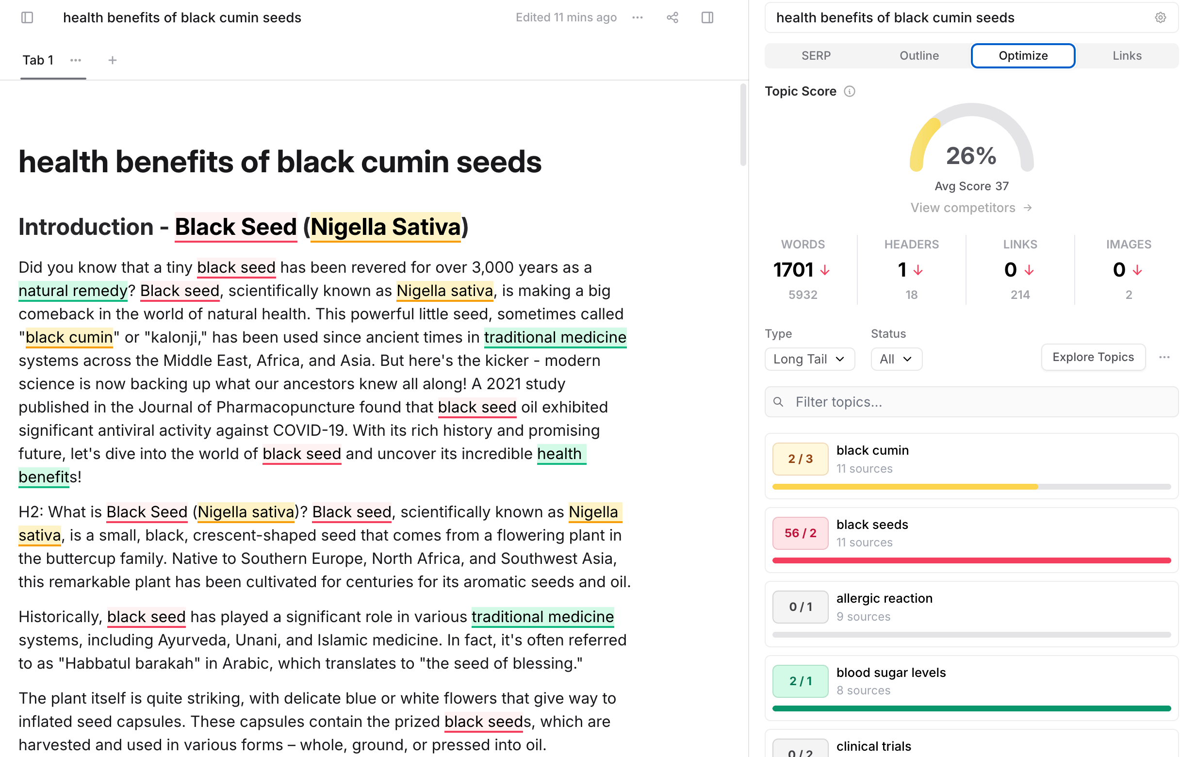 Frase example AI writing assistant and SEO Suggestions.