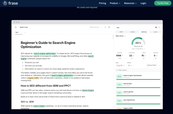 Frase for AI-powered SEO content creation, product description writing and optimization.