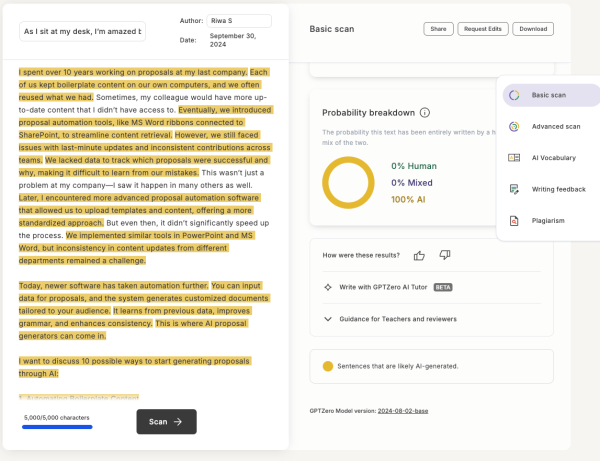 GPTZero scanning page for Artificial intelligence text.