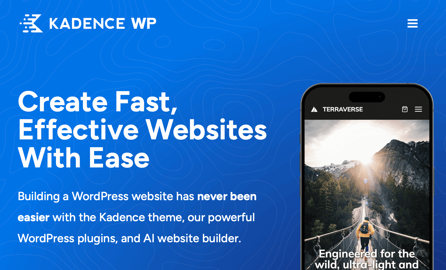 Kadence theme interface for building responsive, SEO-friendly websites.