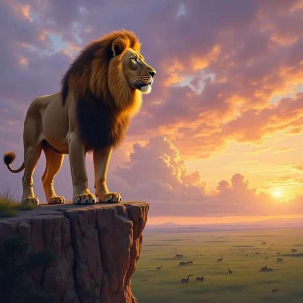 Majestic lion on a cliff created using AI image generator.