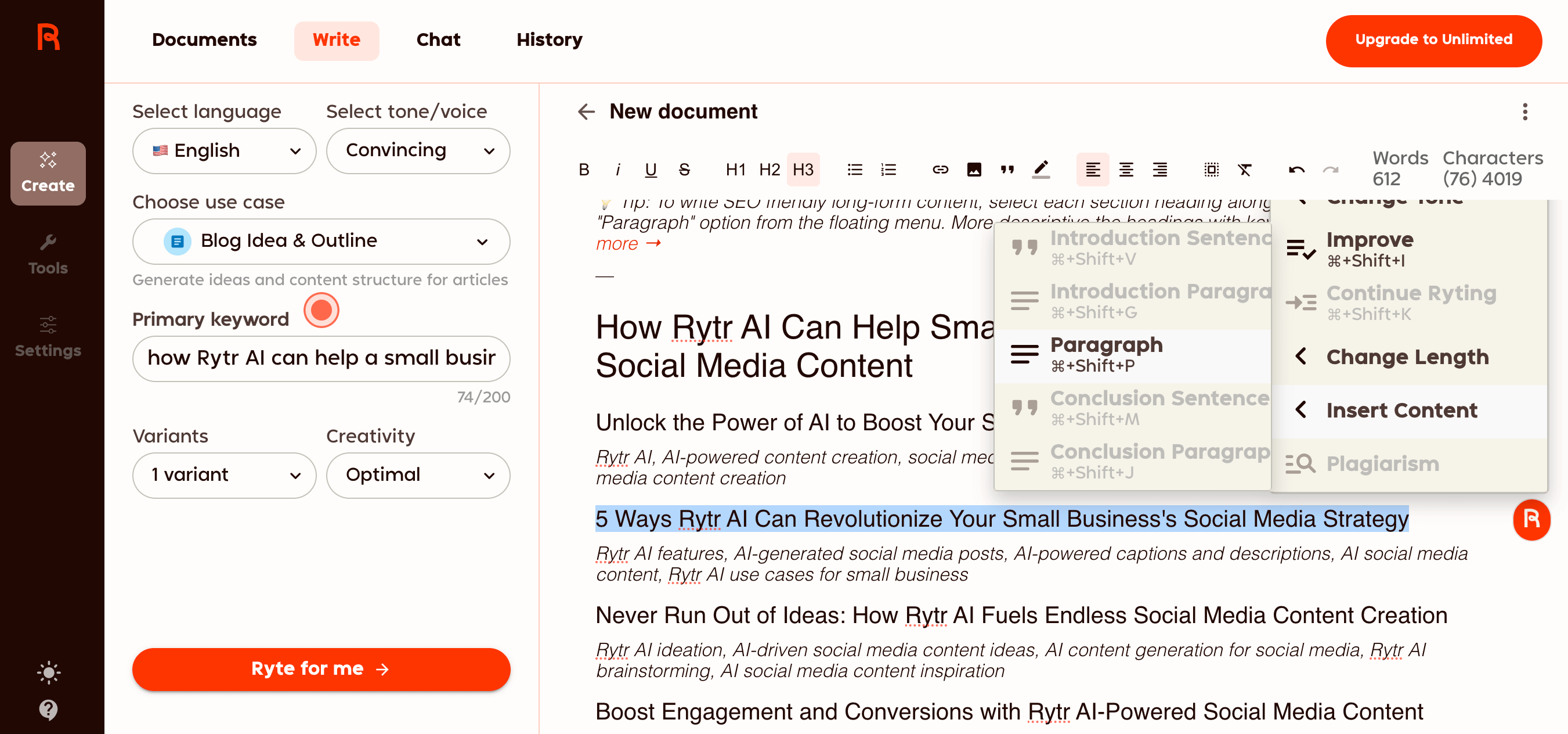 Rytr AI writing tool interface