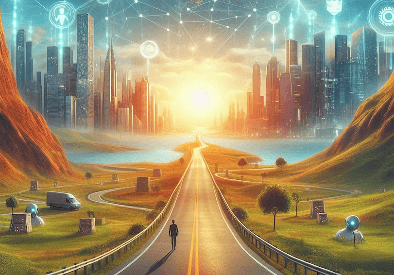 Person walking toward a tech-filled city