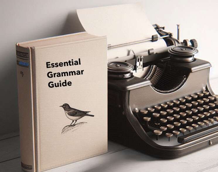Vintage typewriter next to a classic grammar book