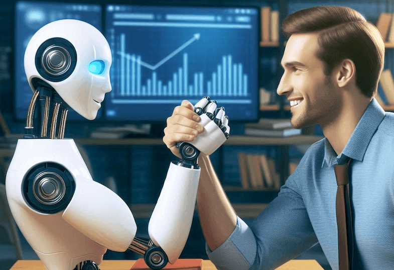 Human and robot arm wrestling with friendly expressions.