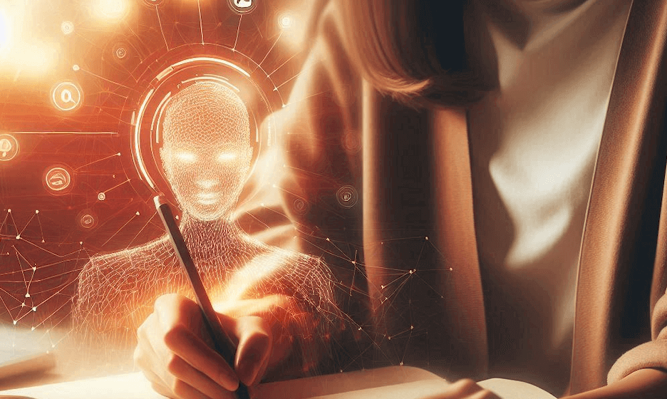 Woman editing with AI in the background.