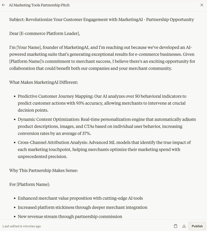 Claude example AI Marketing Tools email pitch.