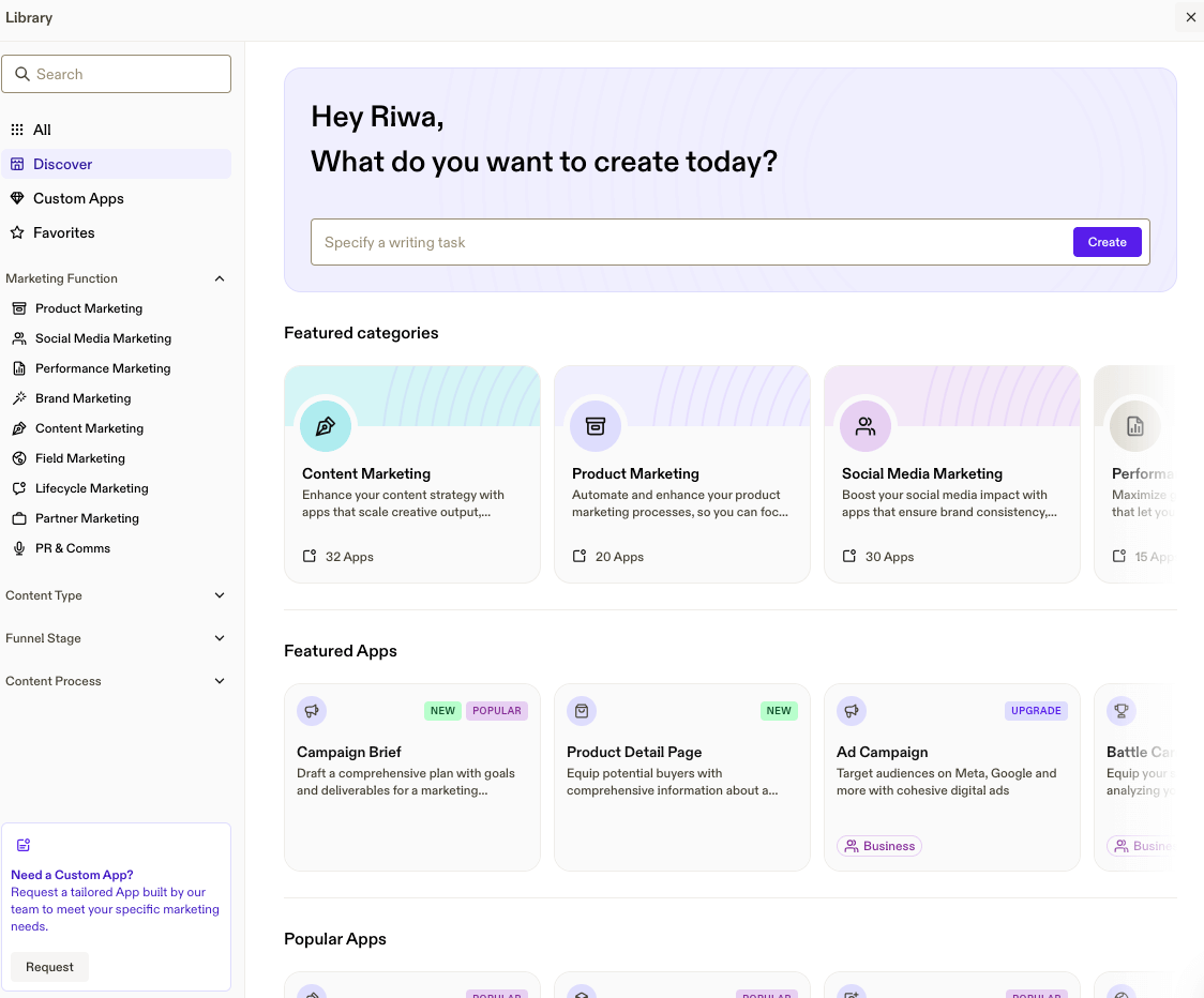 Jasper categories in create content.