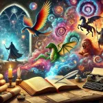 A desk surrounded by imaginary characters from a novel.