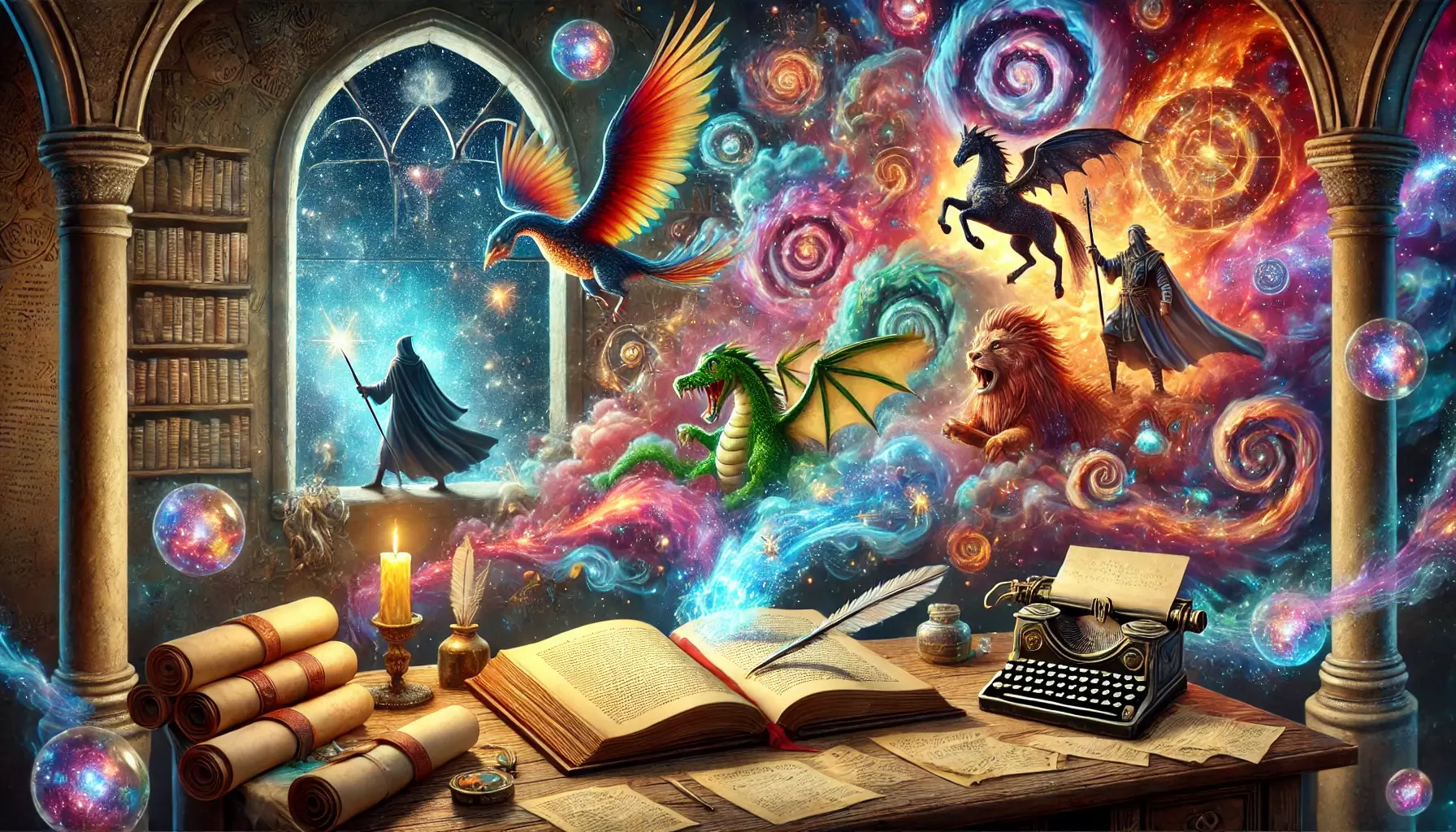 A desk surrounded by imaginary characters from a novel.