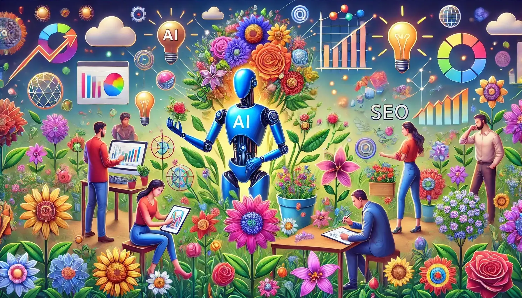 AI Garden of Ideas with flowers and people.