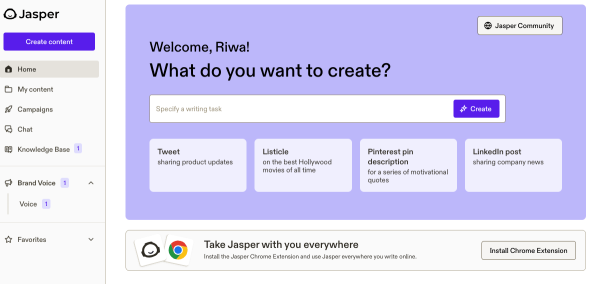 Jasper AI's homepage in structured format.