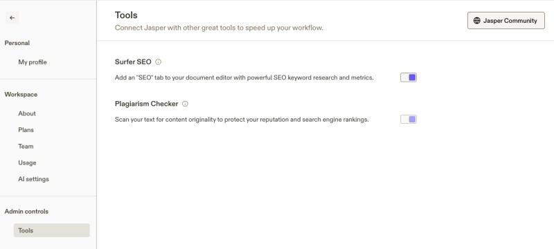 Jasper AI tools Surfer SEO and Plagiarism Checker.