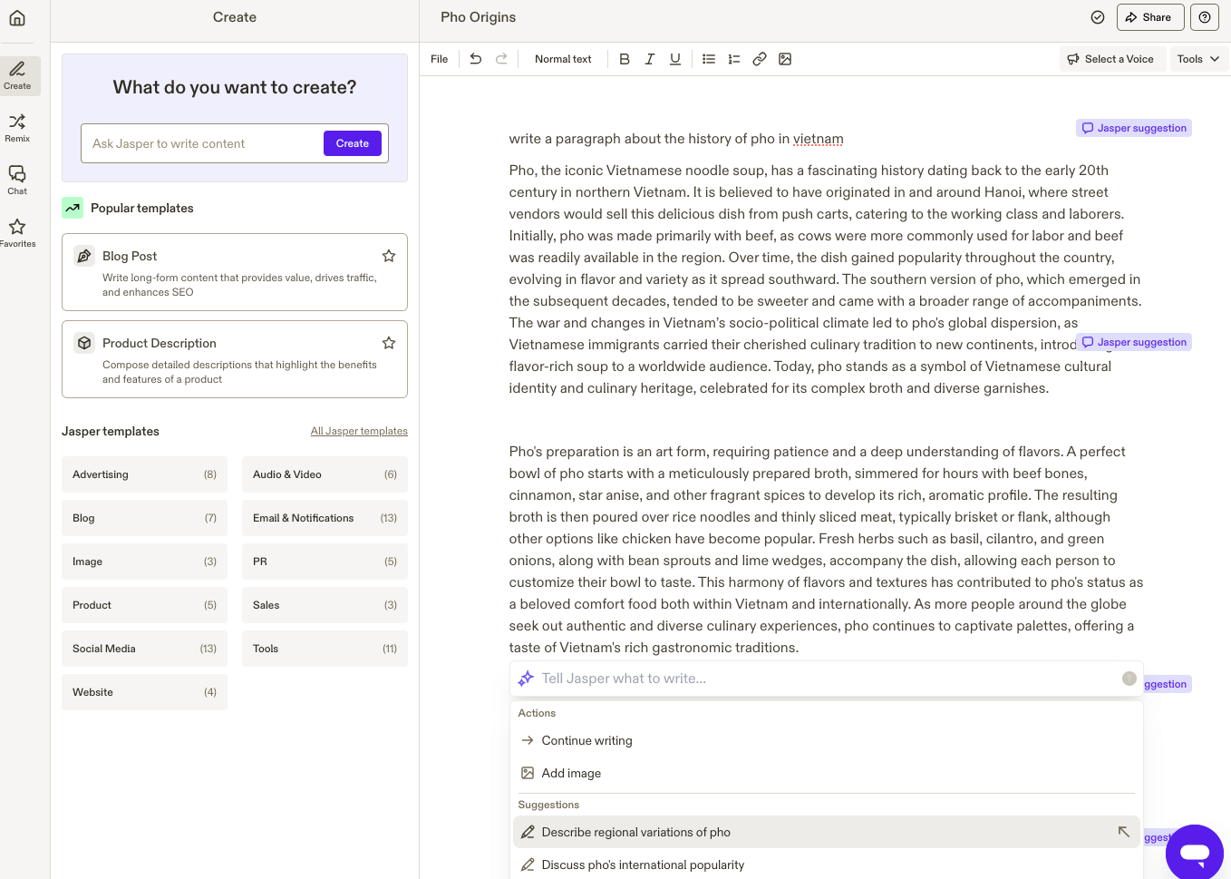 Jasper AI's feature where it continues writing and offering suggestions.