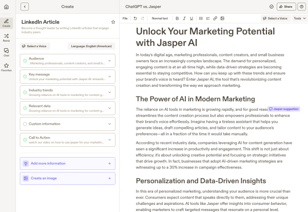 Jasper creating Linkedin post through its template.