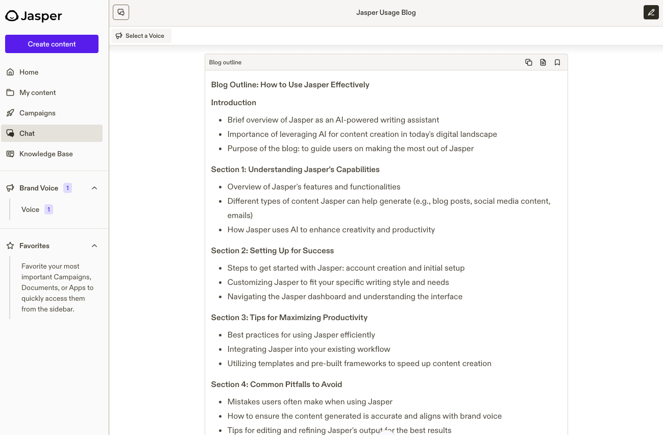 Jasper AI's outline in that it came up with during chat.
