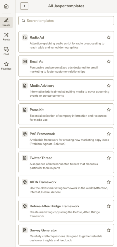 Jasper AI templates for content creators.