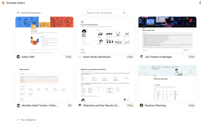 Notion AI's template gallery.