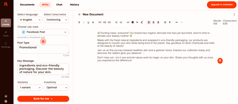 Rytr example for short form content.