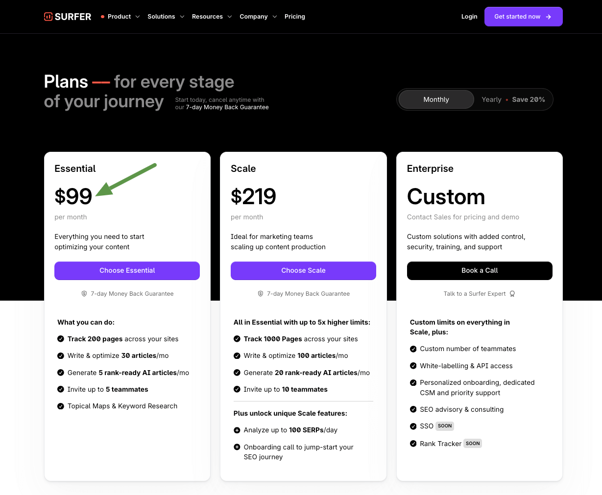 Surfer SEO pricing for different plans.
