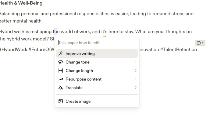 Ask Jasper Feature e.g. improve writing, change tone, etc.