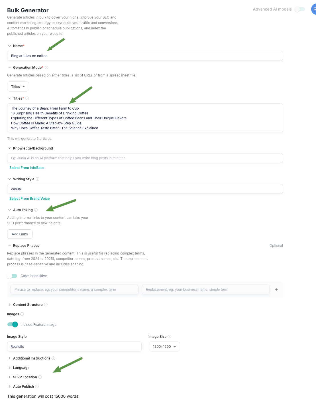 Bulk Generation of Articles in Junia AI review.