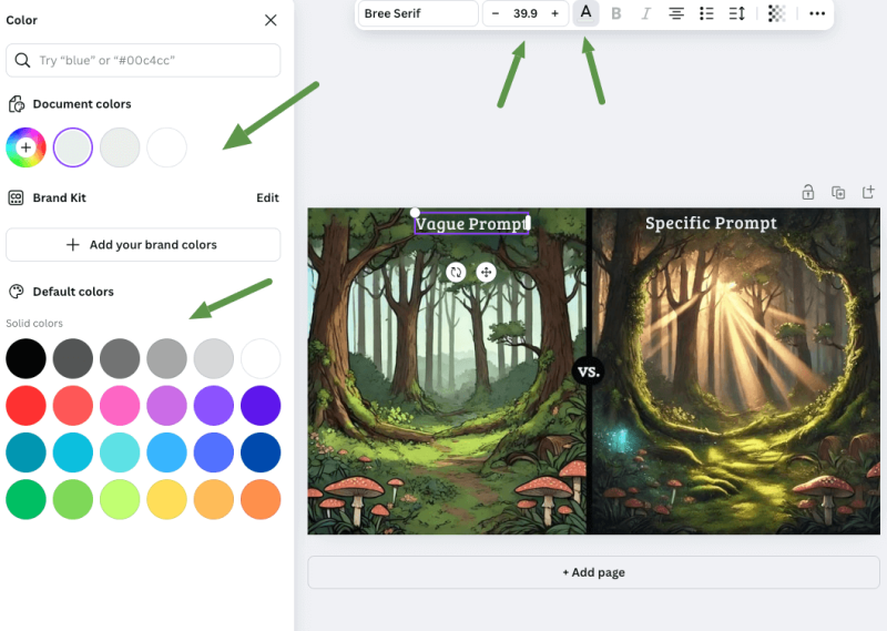 Canva changing font size and color.