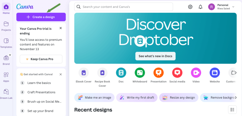 Create a design button in canva.