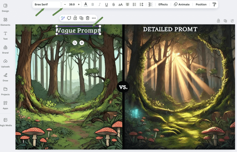 Edit feature for change text in Canva.
