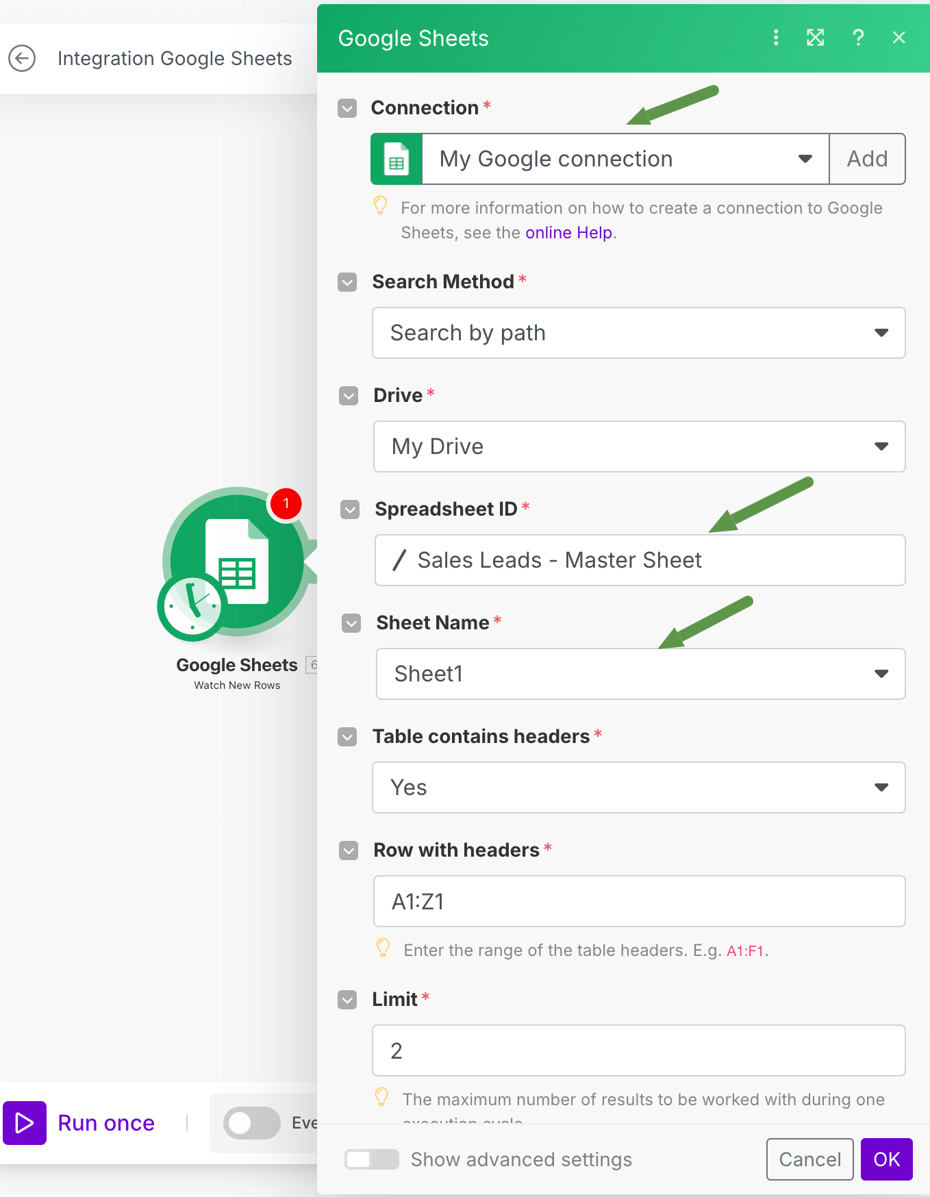Connecting first google sheet in the workflow for sales lead automation.
