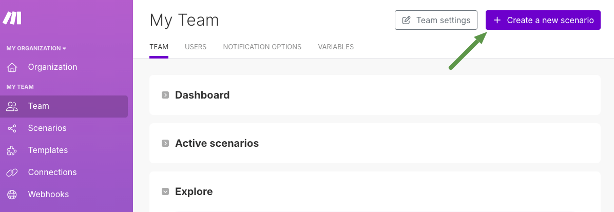 Create a scenario is Make.com.