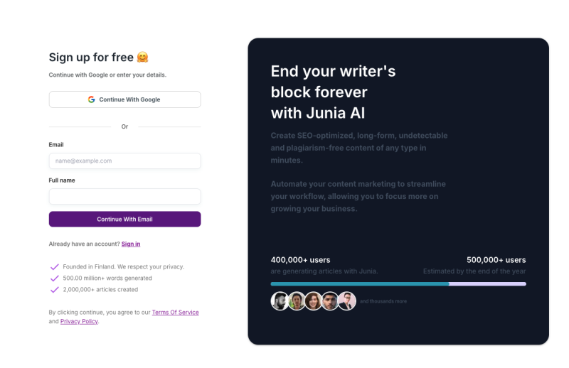 Get started page on Junia AI.