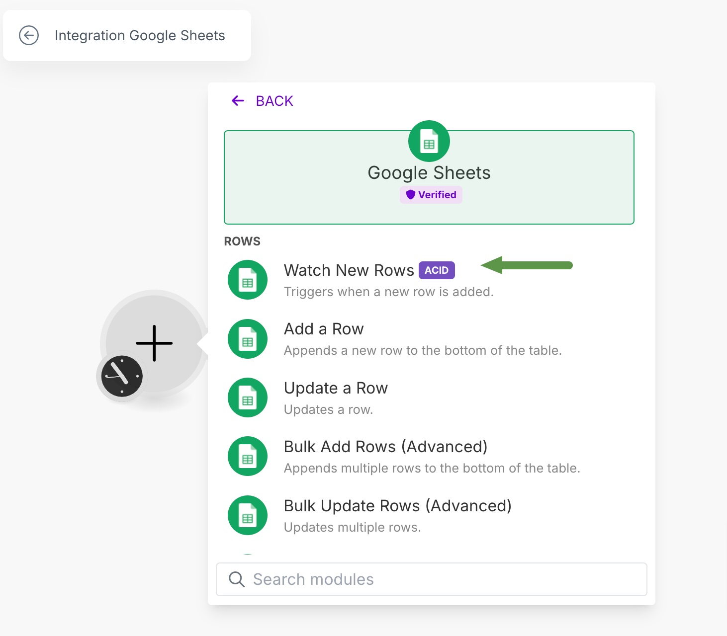 Integration of Google Sheets Watch New Rows in Make.com.
