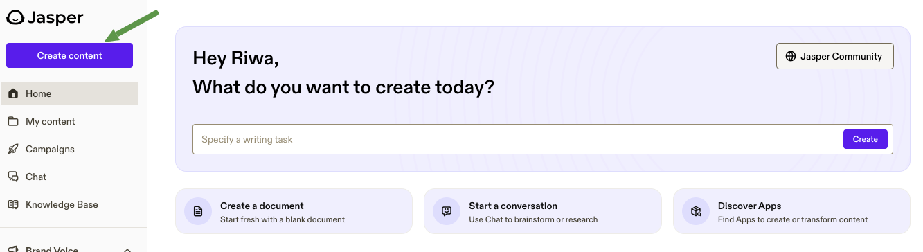 Jasper create content button.