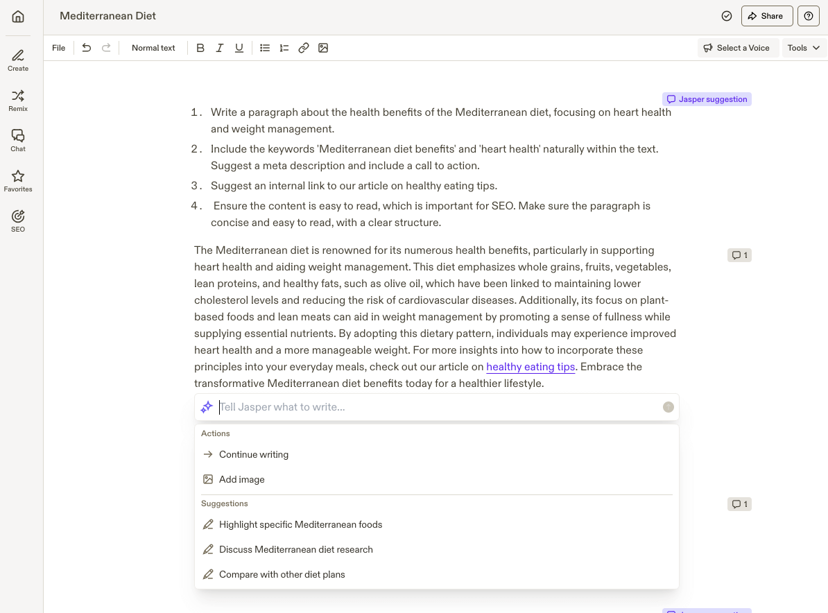 Jasper AI writing based on prompt and offering suggestions.