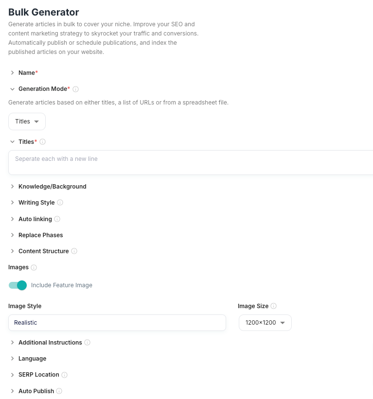 Junia AI bulk content generator.