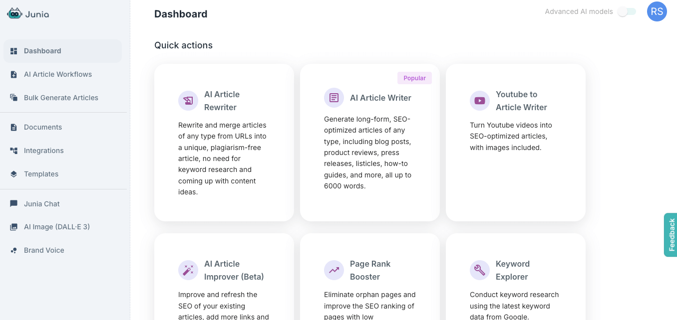 Junia AI dashboard functions.