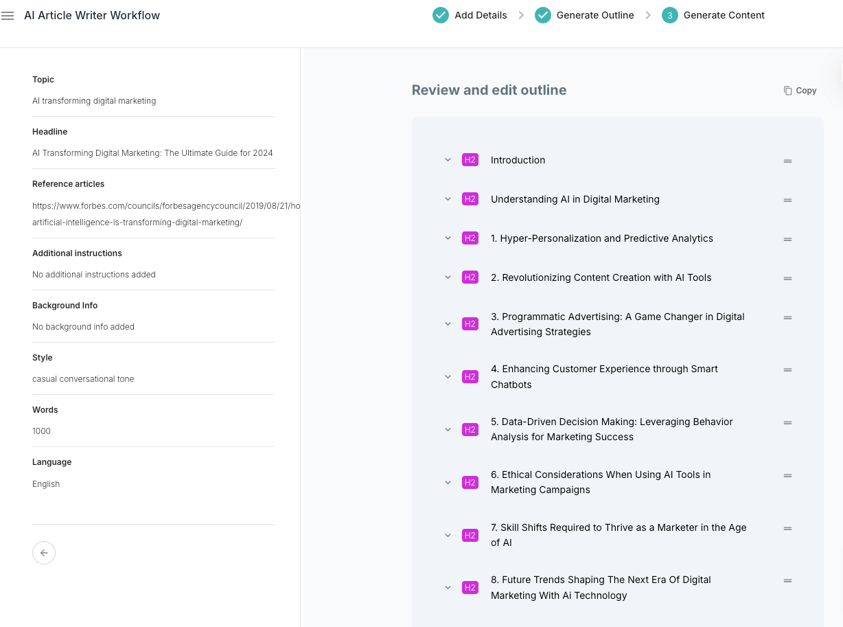 Junia AI Generate outline for article.