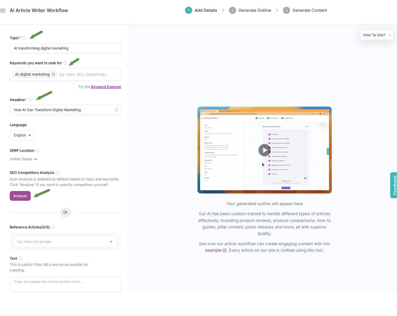 AI Article Writer Page.