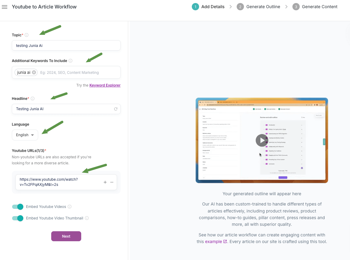 Youtube to article workflow Junia AI.